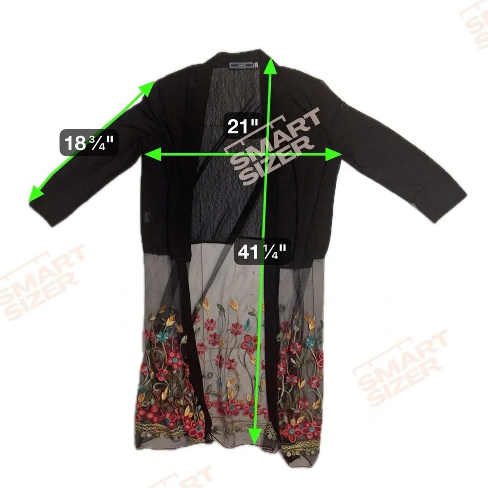 Black Sheer Kimono Duster Floral Embroidery - Picture 3 of 6